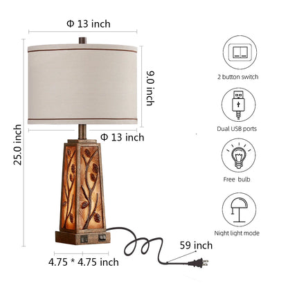 Jariah 25" Resin Table Lamp Set With Night Light And USB Ports