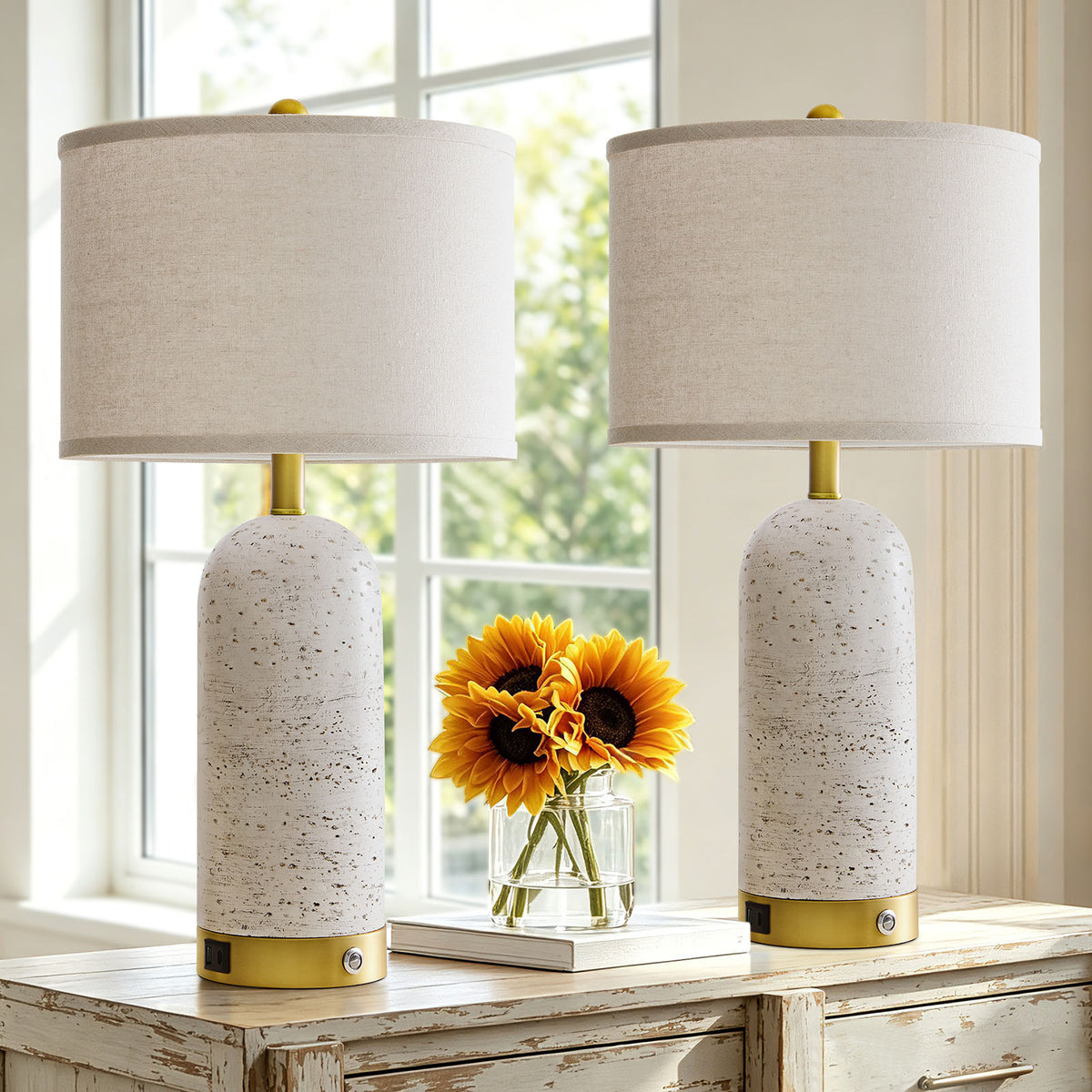 RORIA Modern Table Lamps Set of 2, 25"Touch Control Bedside Lamps with Linen Shades and Resin Bases, Featuring 3-Level Dimming,for Bedrooms, Living Room, and Offices (Bulbs Included)