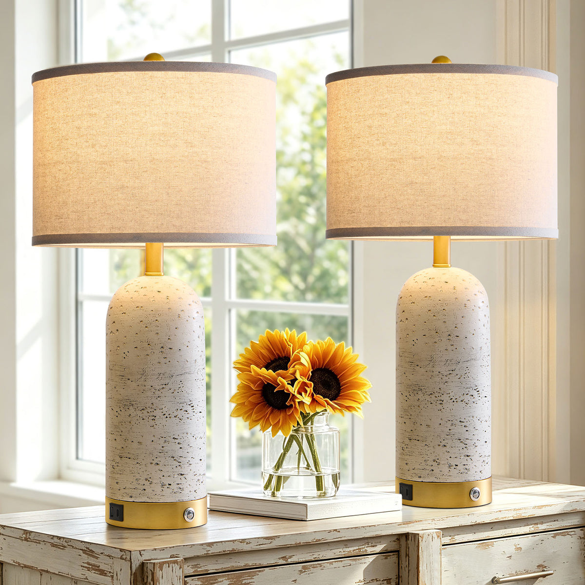 RORIA Modern Table Lamps Set of 2, 25"Touch Control Bedside Lamps with Linen Shades and Resin Bases, Featuring 3-Level Dimming,for Bedrooms, Living Room, and Offices (Bulbs Included)