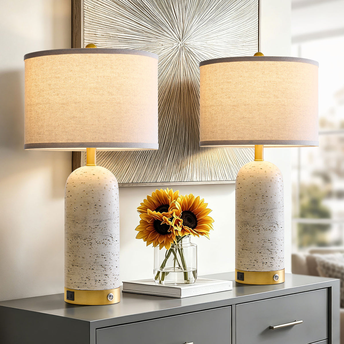 RORIA Modern Table Lamps Set of 2, 25"Touch Control Bedside Lamps with Linen Shades and Resin Bases, Featuring 3-Level Dimming,for Bedrooms, Living Room, and Offices (Bulbs Included)