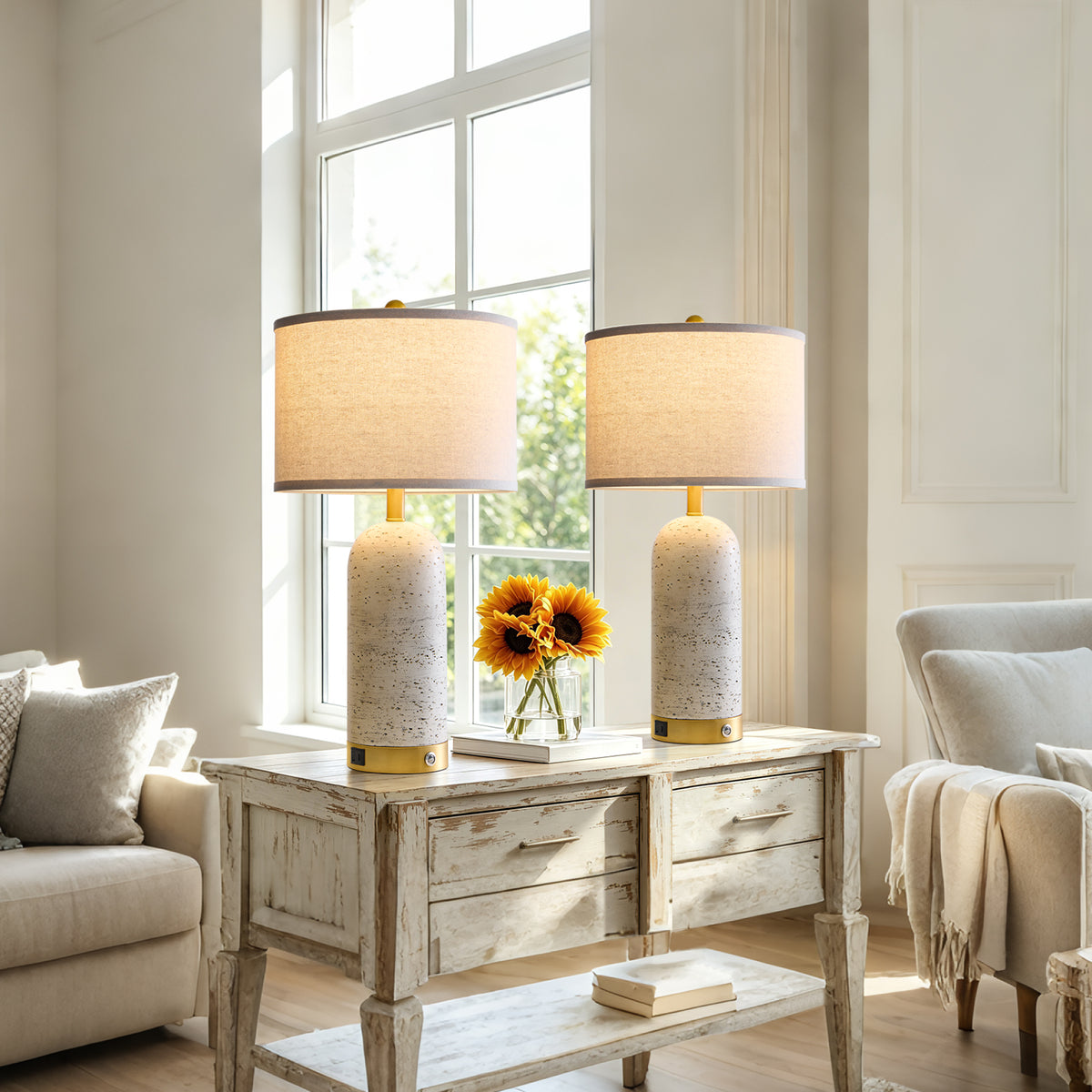 RORIA Modern Table Lamps Set of 2, 25"Touch Control Bedside Lamps with Linen Shades and Resin Bases, Featuring 3-Level Dimming,for Bedrooms, Living Room, and Offices (Bulbs Included)