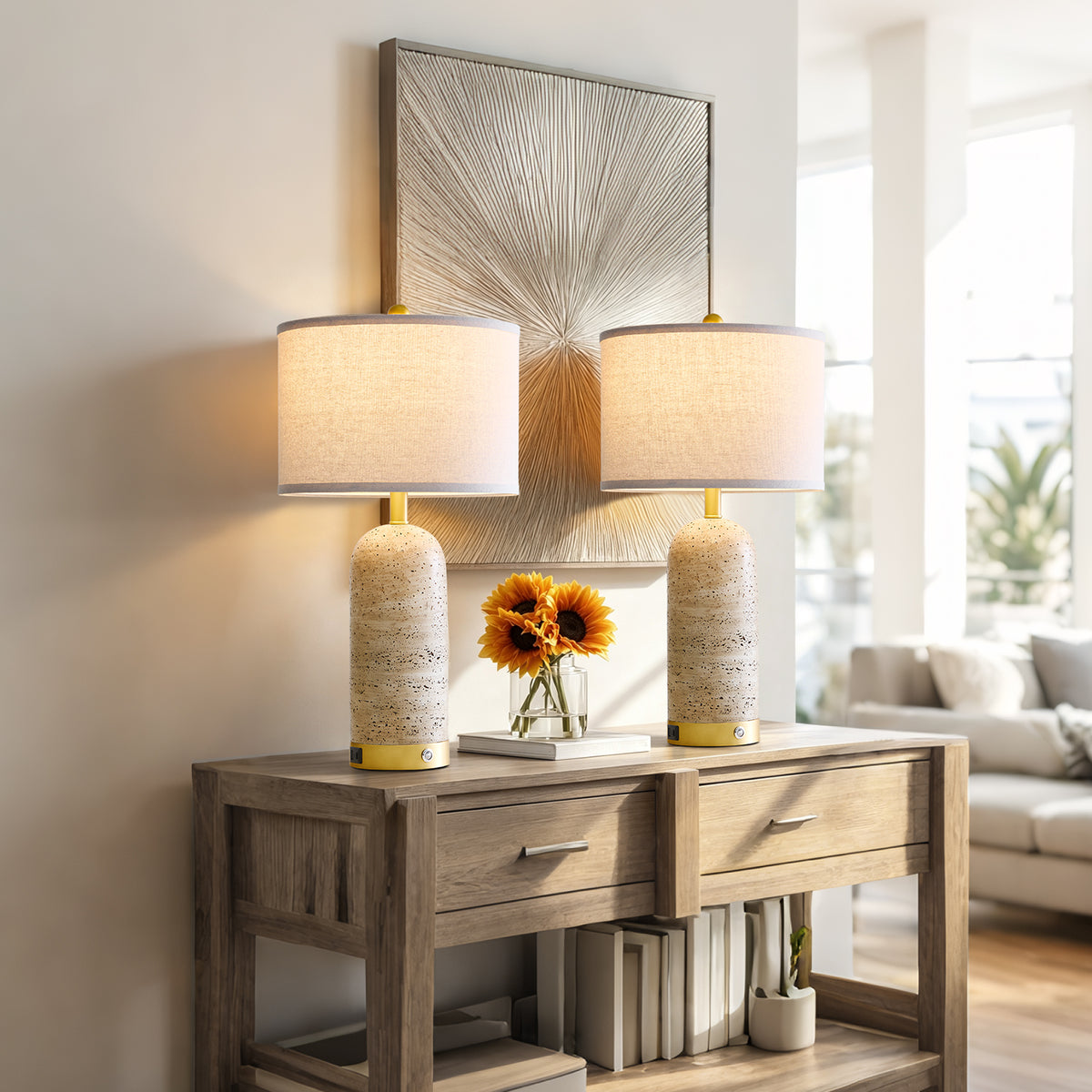 RORIA 25" Modern Resin Table Lamps Set of 2,for Bedrooms and Living Room, Featuring USB-A&C Charging Ports,Touch-Control 3-Level Dimming Bedside Lamp