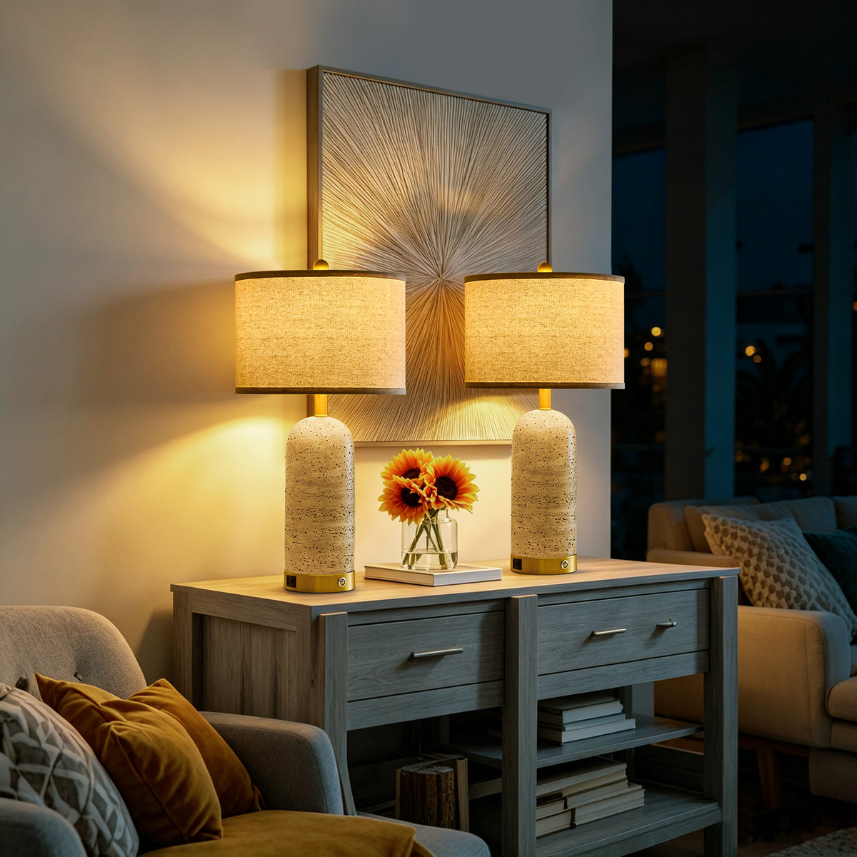 RORIA 25" Modern Resin Table Lamps Set of 2,for Bedrooms and Living Room, Featuring USB-A&C Charging Ports,Touch-Control 3-Level Dimming Bedside Lamp