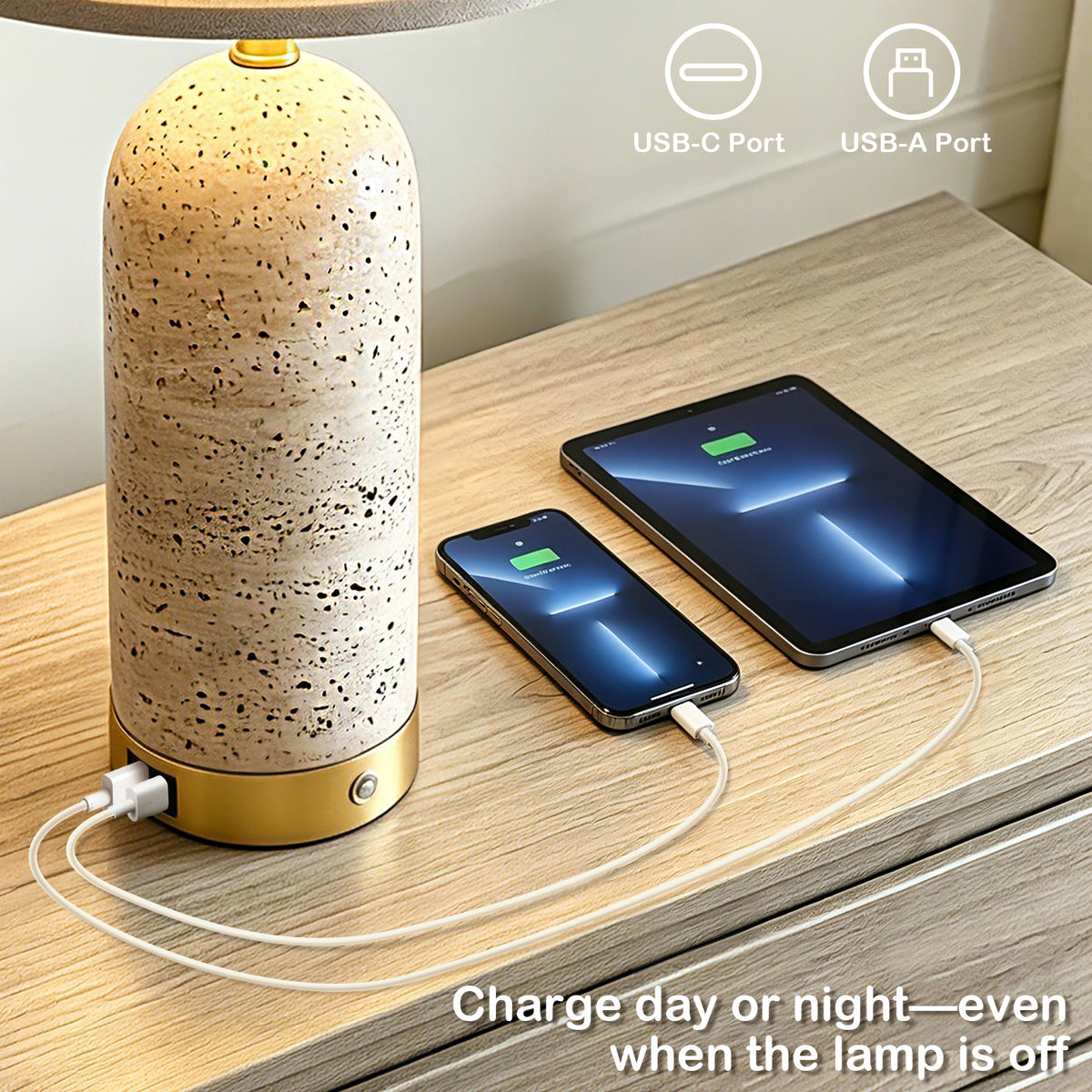 RORIA 25" Modern Resin Table Lamps Set of 2,for Bedrooms and Living Room, Featuring USB-A&C Charging Ports,Touch-Control 3-Level Dimming Bedside Lamp
