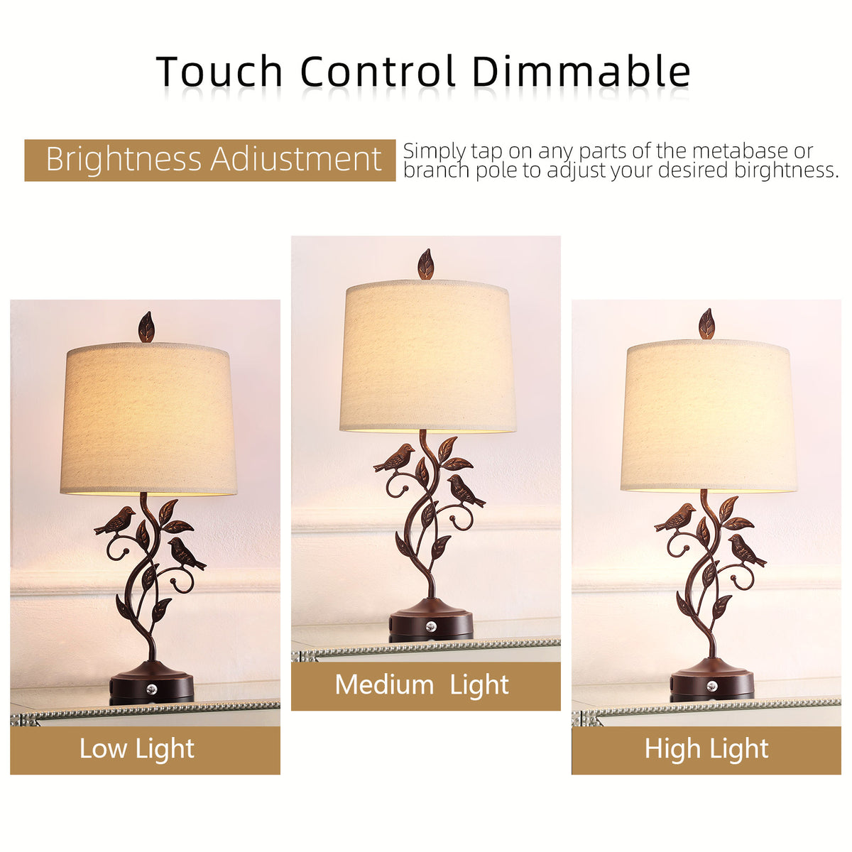 JUJUYUYOP 27"Three-Level Dimmable Touch-Control Table Lamps Set of 2, Features two USB charging ports，Rustic Farmhouse Style， for Living Room and Bedrooms