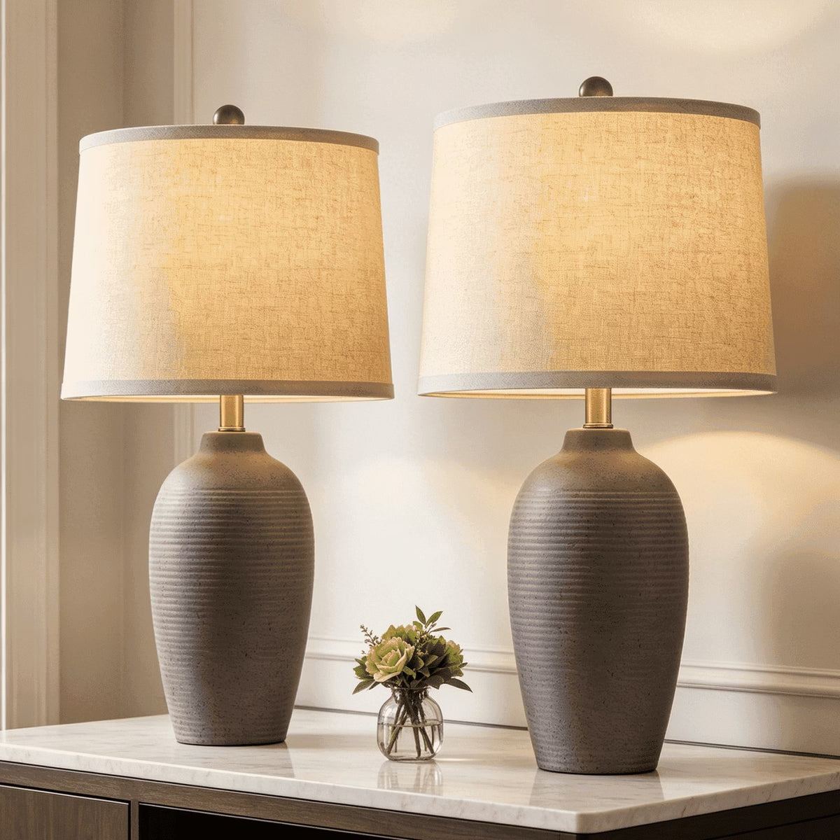 RORIA 25" Grey Textured Ceramic Table Lamps Set of 2,with Linen Drum Shade, Farmhouse Bedside Lamps for Living Room Bedroom, Bulbs Included