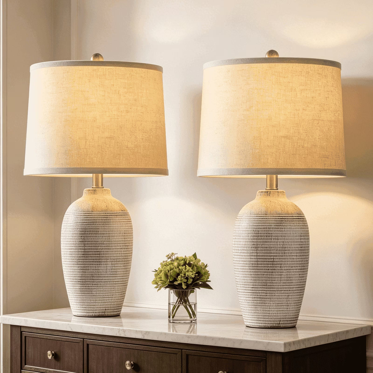 RORIA 25" White Ceramic Table Lamps Set of 2, Rustic-Style Bedside Lamps,With Round Linen Shades, for Bedrooms, Living Room, and Offices.