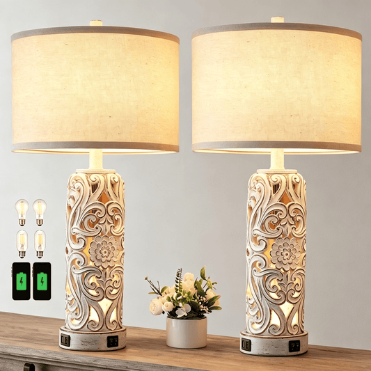 RORIA 25"Country Style Table Lamps Set of 2,for Bedrooms and Living Room, with 2 USB Charging Ports and Night Light,Hollow Resin Farmhouse Vintage Bedside Lamps
