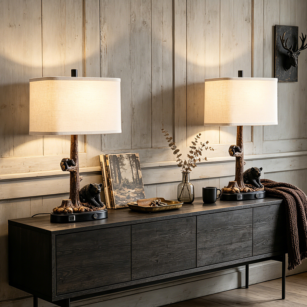 Rohopeto Touch Control Table Lamps,23" Tall,with USB A+C Ports,3 Way Dimmable Nightlight,Bedside Nightstand Lamps,for Bedroom Living Room Vintage Farmhouse Style,Brown Bear Resin(Bulbs Included)