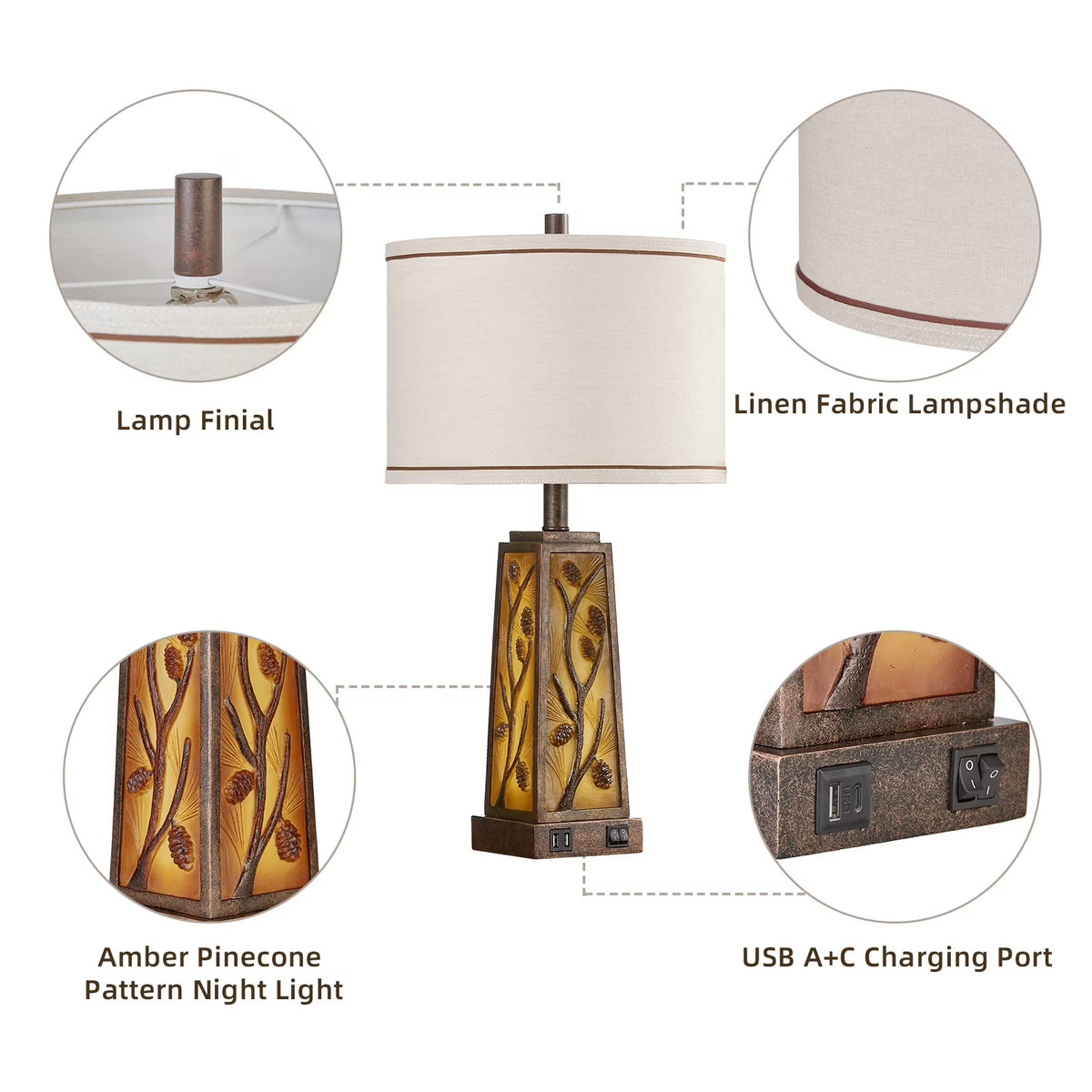 RORIA 25” Living Room Table Lamps Set of 2 With Dual USB Charging Ports and Night Light, Modern Farmhouse Style, Amber Resin Base, for Bedroom Bedside Lamps