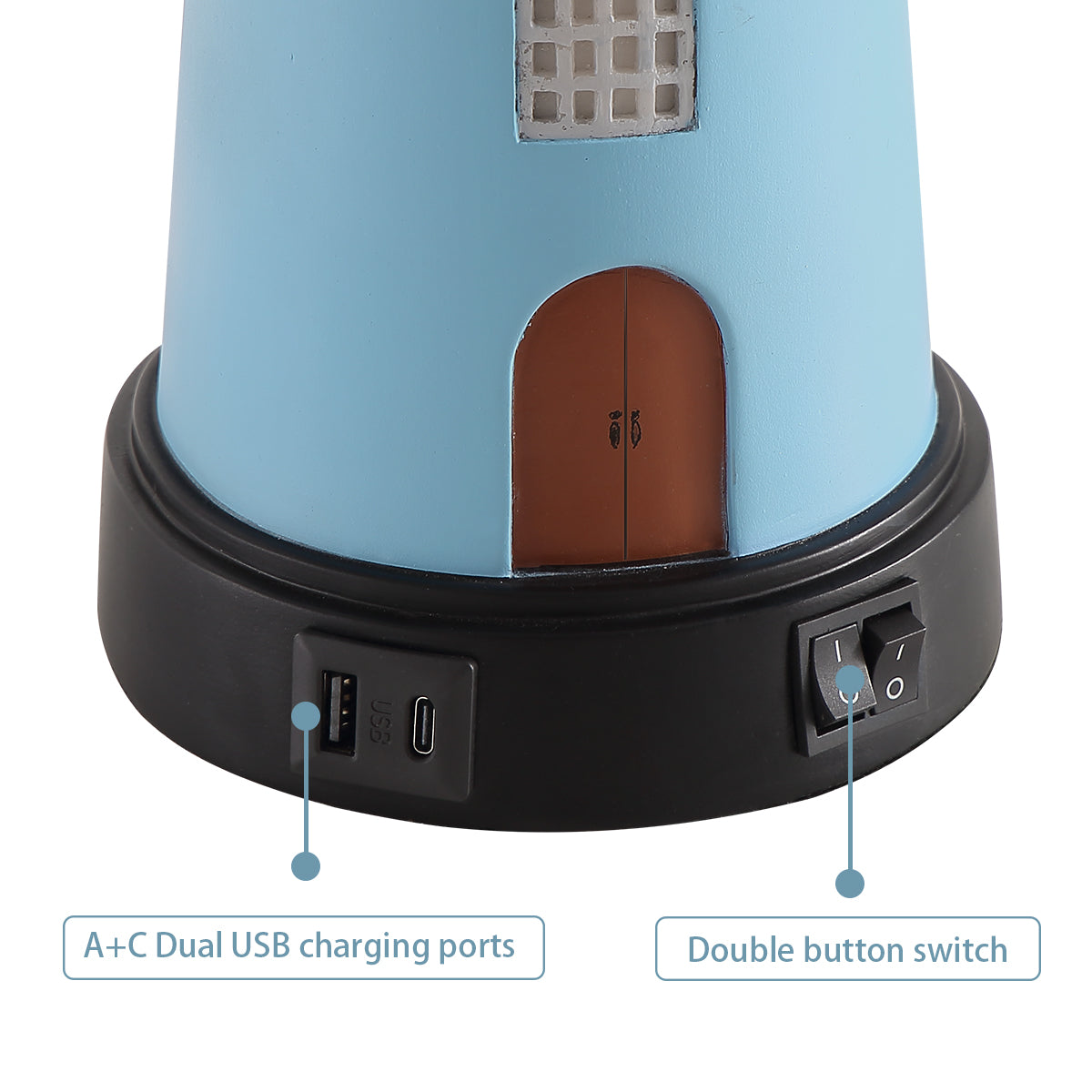 Set Of 2 Lighthouse Table Lamps With Night Light, Coastal Nautical Bedside Lamp With USB Ports & Free Bulbs, Blue Resin Base