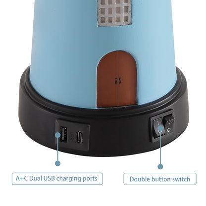 Set Of 2 Lighthouse Table Lamps With Night Light, Coastal Nautical Bedside Lamp With USB Ports & Free Bulbs, Blue Resin Base