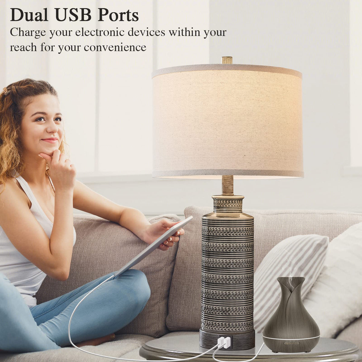 JUJUYUYOP 3 Way Dimmable Touch Ceramic Table Lamp Set of 2, with USB Port, 24"Farmhouse-Style Bedside Lamp, Suitable for Bedrooms and Living Rooms (Bulbs Included)