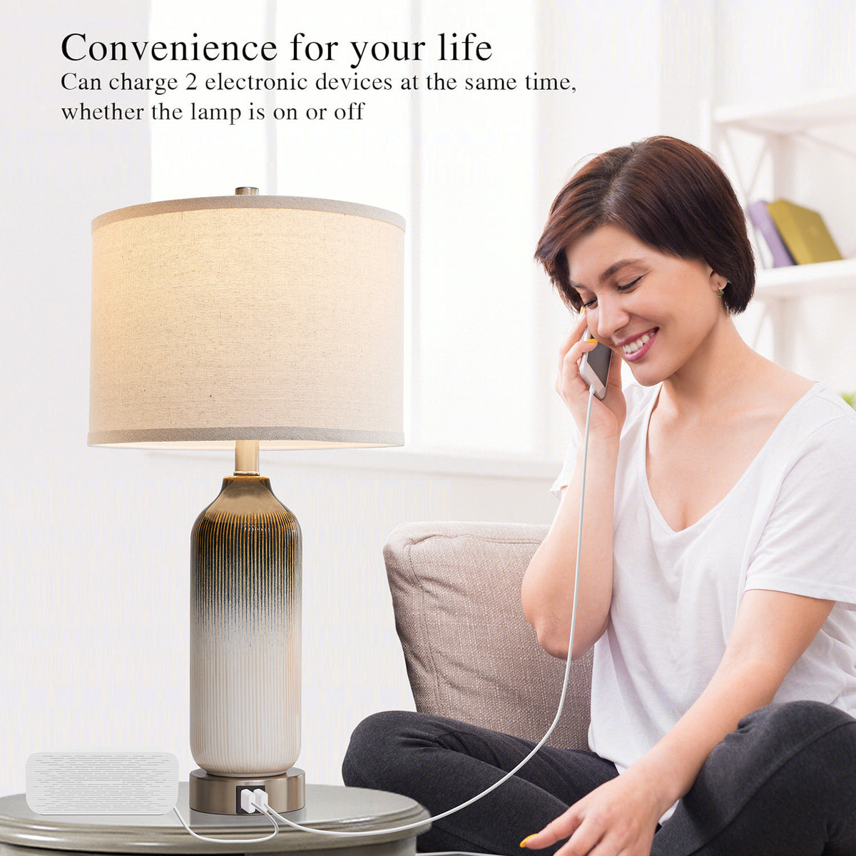 JUJUYUYOP 3 Way Dimmable Ceramic Table Lamps Set of 2 with Dual USB Ports, 25.5" Touch-Control Modern Bedside Lamp, for Bedrooms and Living Rooms (Bulb Included)