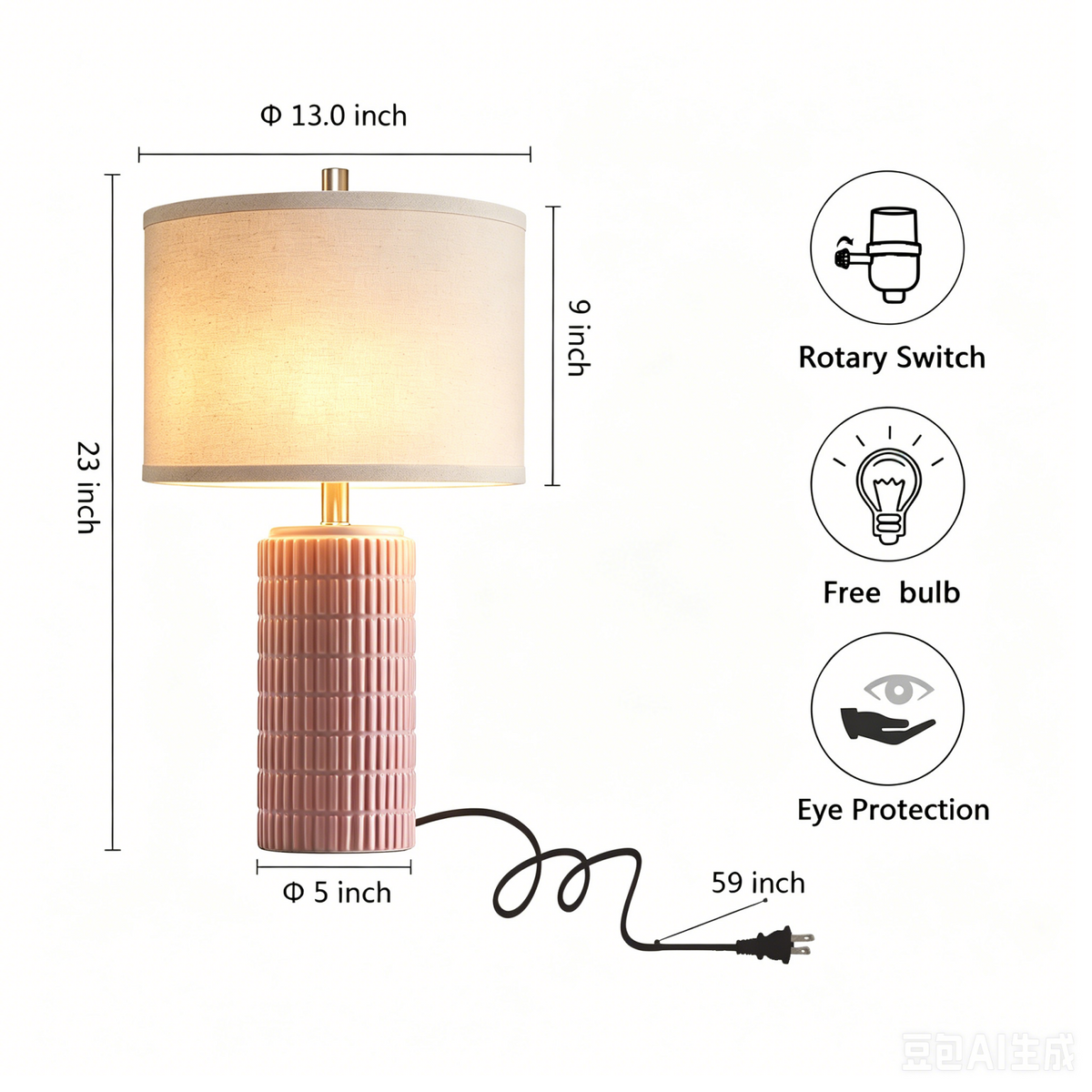 RORIA 23" Pink Ceramic Table Lamps Set of 2, with Linen Bell-Shaped Shade, Modern-Style Bedside Lamp, for Bedrooms and Living Room, Bulb Included