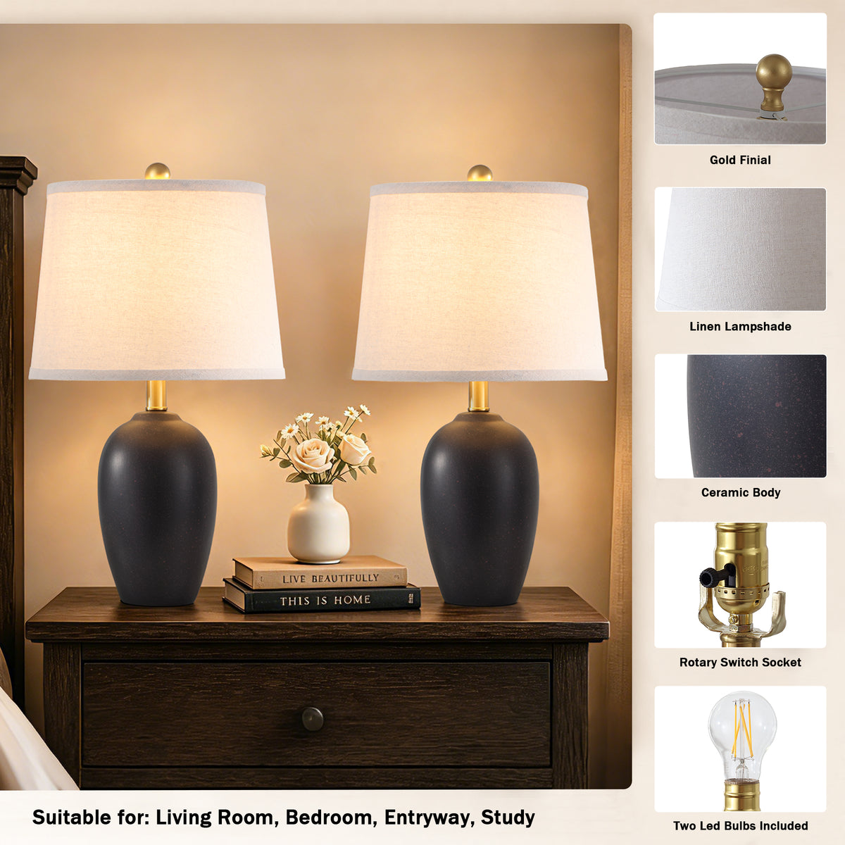 JUJUYUYOP 21" Vintage Black Ceramic Table Lamps Set of 2, Farmhouse-Style Bedside Lamp, for Living Room and Bedrooms (Bulbs Included)
