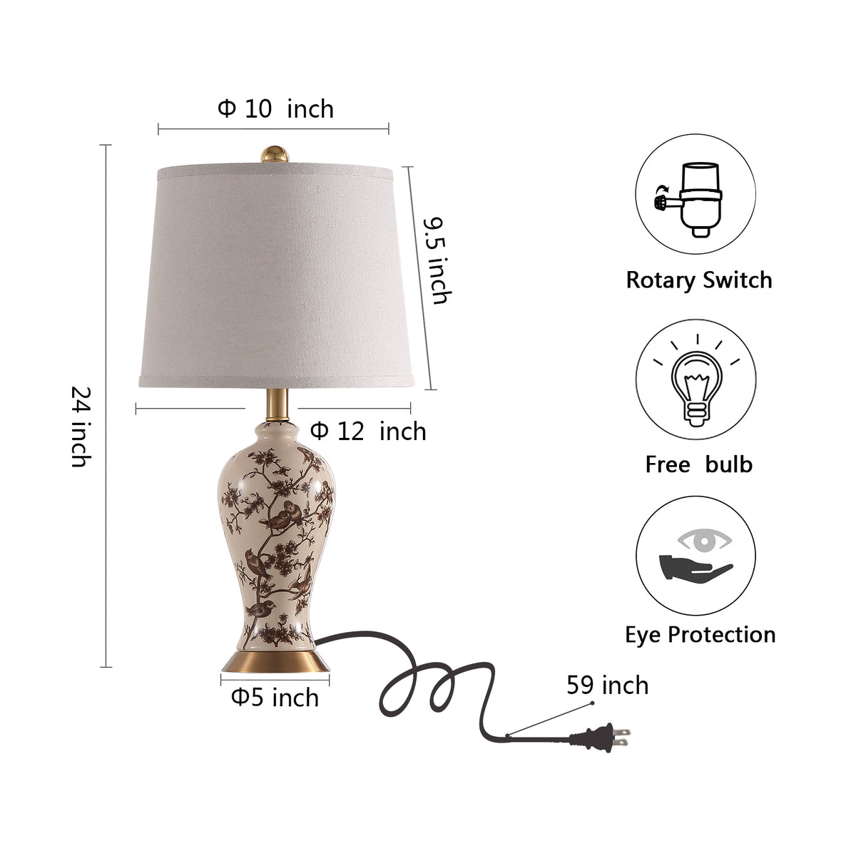 JUJUYUYOP 24"Classic Chinese-Style Ceramic Table Lamps Set of 2, Suitable for Bedside Tables, Living Rooms, and Entryways (Bulb Included)