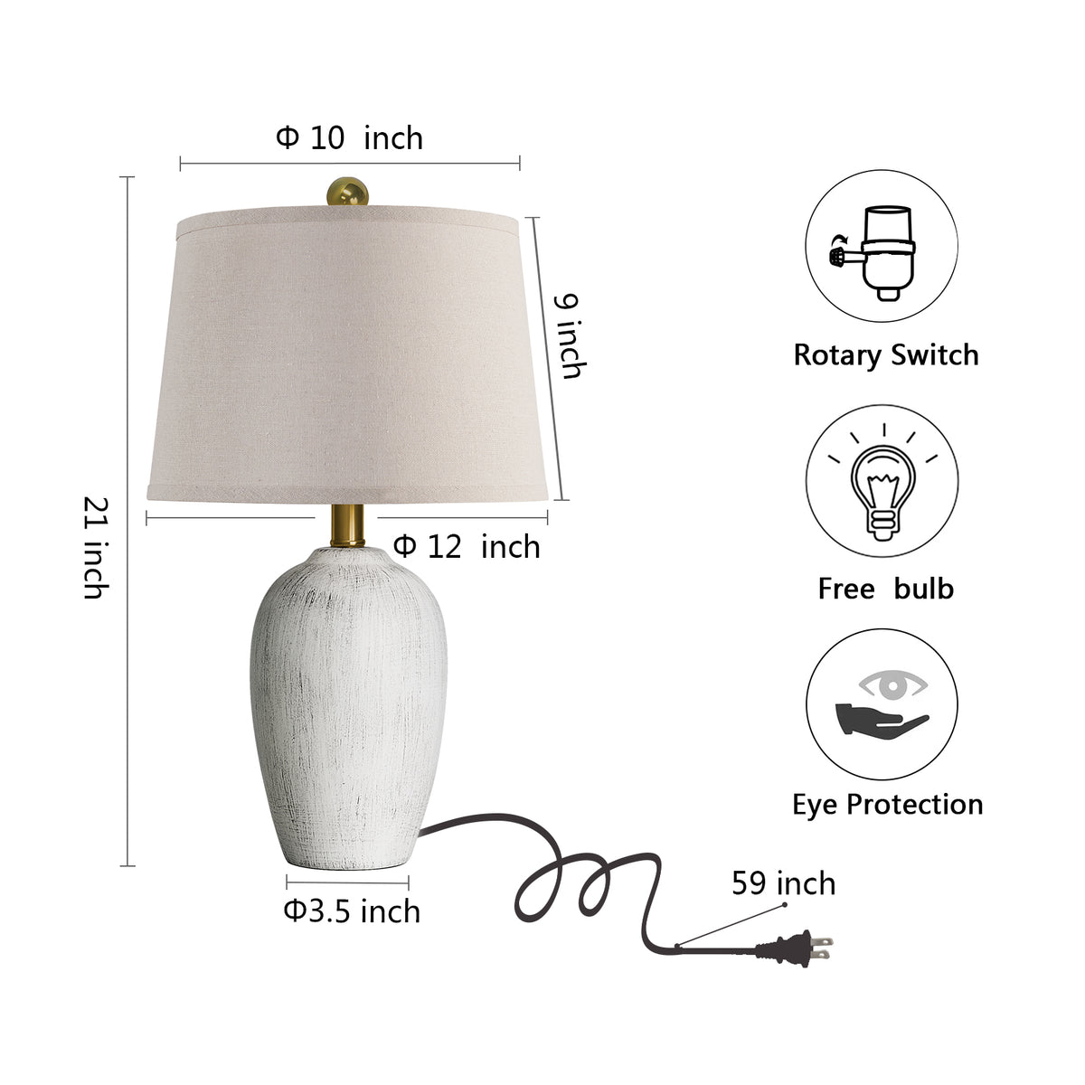 JUJUYUYOP 21" Linen Lampshade Off-White Ceramic Table Lamps Set of 2,Modern Bedside Lamps,for Living Room and Bedrooms(bulb included)