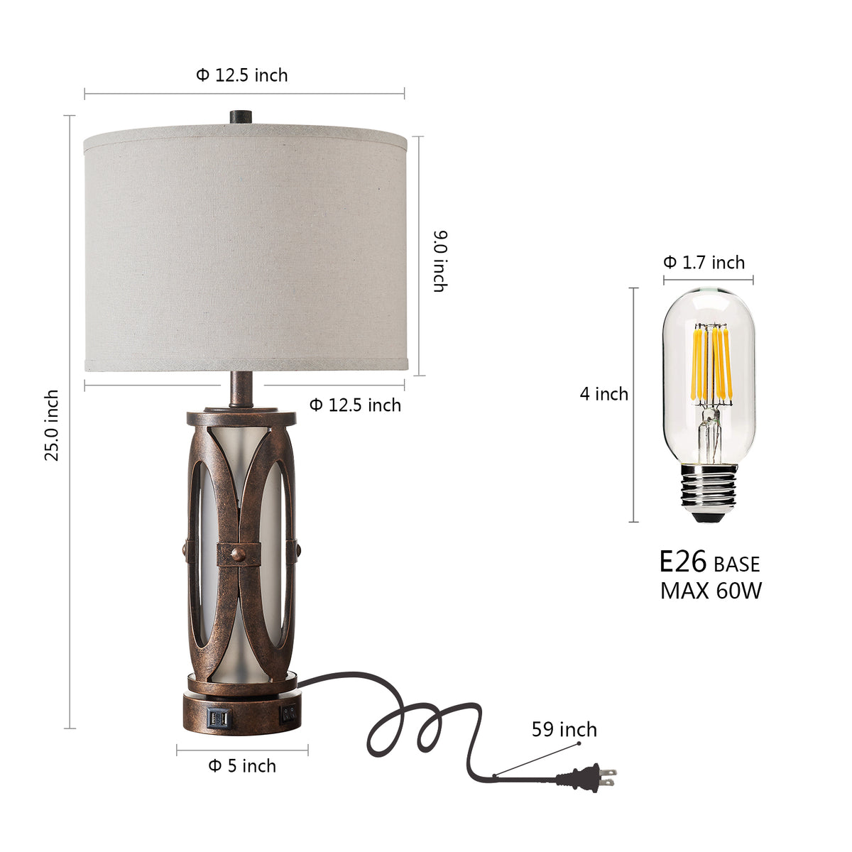 Rohopeto Modern Living room Table Lamps Set of 2 with 2 USB Ports Vintage Farmhouse Style 25"Bedside Nightstand Lamps Dual Switch Built-in Smoked Glass Nightlight for Bedroom Living Room（Bulbs Includ