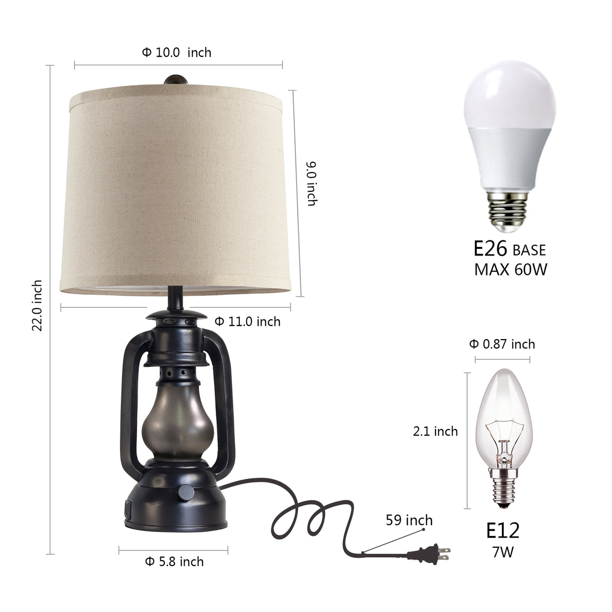 JUJUYUYOP 22" Farmhouse Lantern Table Lamps Set of 2 with Dual USB Charging Ports, for Living Room and Bedrooms, Includes 4 Bulbs