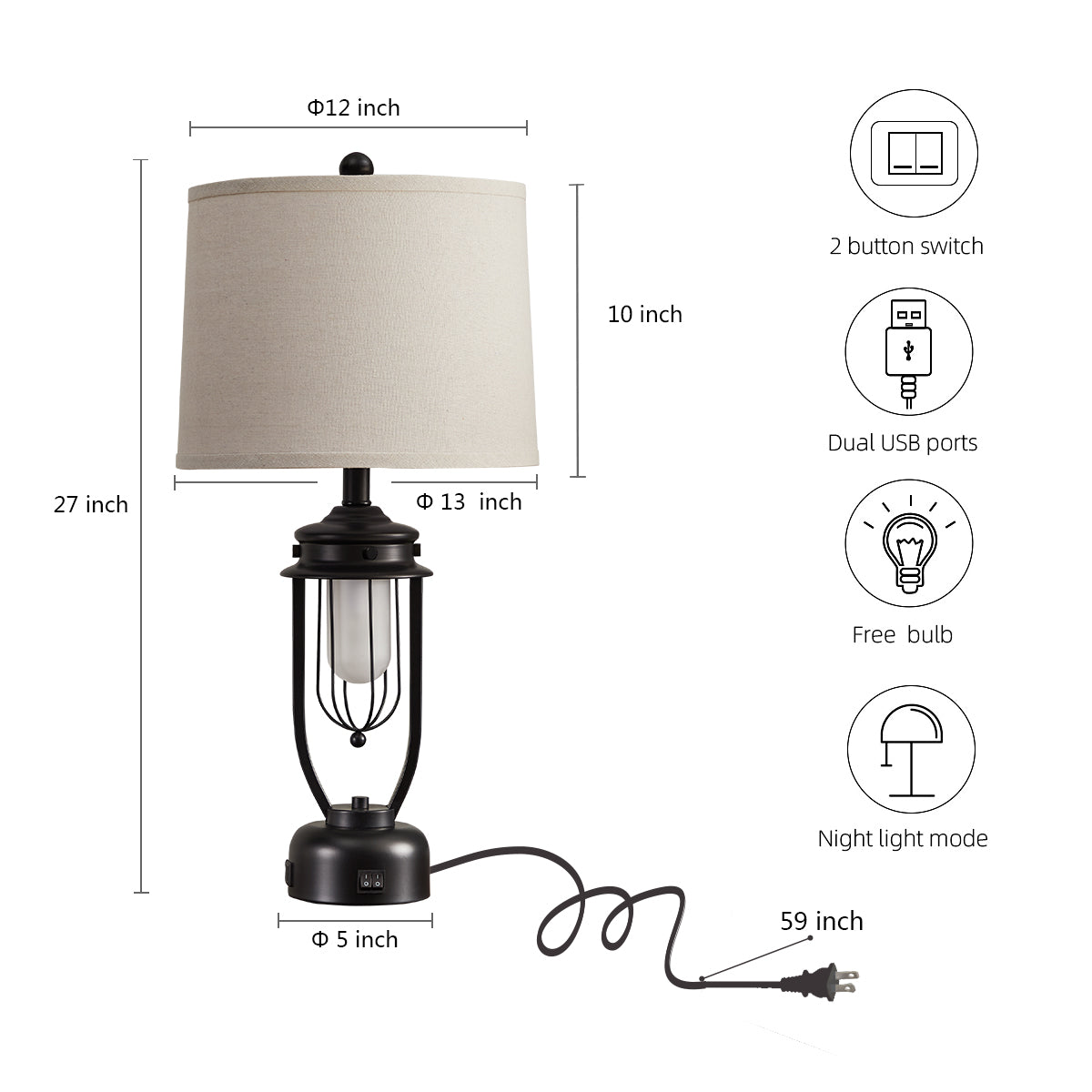 Rohopeto Living Room Table Lamps Set of 2, for Living Room and Bedroom Nightlight; 27" Bedside Table Lamps with USB-A and USB-C Ports and Dual Switches; White Linen Lampshade,（Bulb Included）