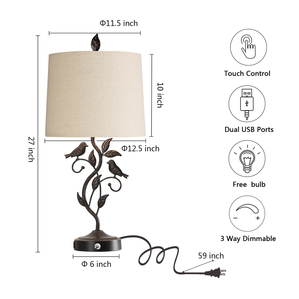 JUJUYUYOP 27"Three-Level Dimmable Touch-Control Table Lamps Set of 2, Features two USB charging ports，Rustic Farmhouse Style， for Living Room and Bedrooms