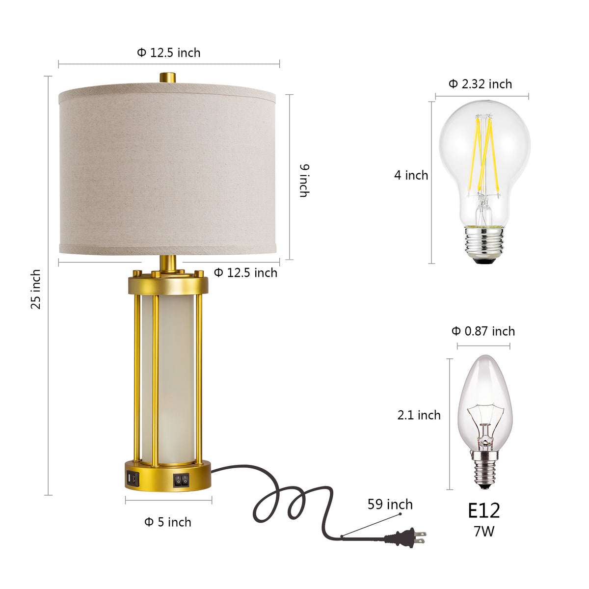 RORIA Set of 2 24" Gold Table Lamps with USB-C+A Ports, Metal & Glass Base with lndependent Night Light, for Bedroom Living Room