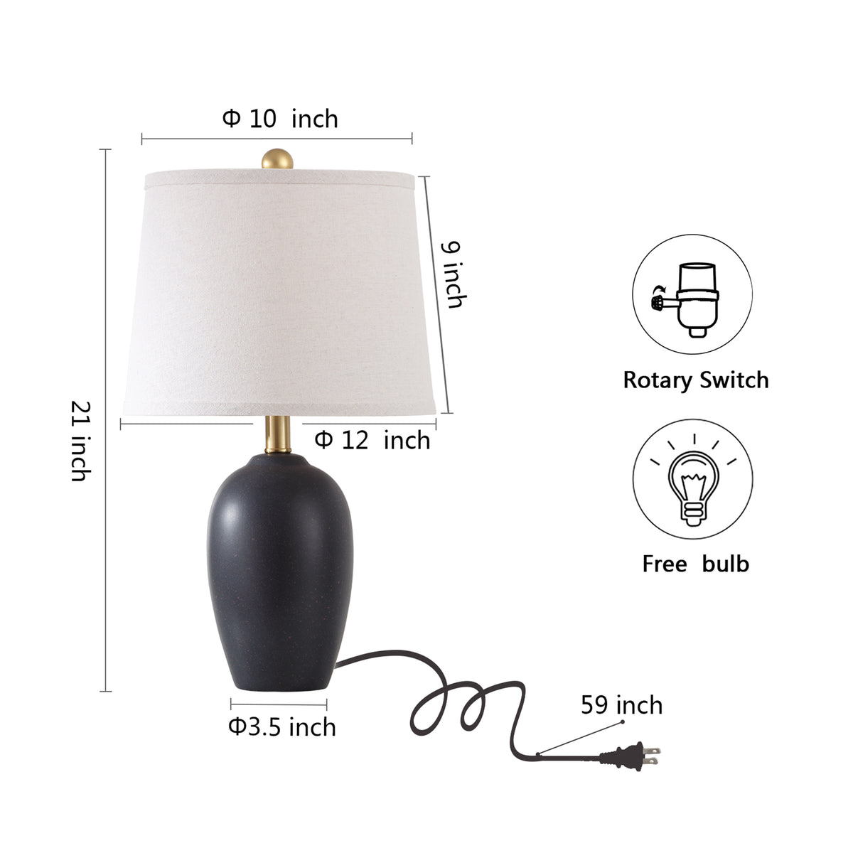 JUJUYUYOP 21" Vintage Black Ceramic Table Lamps Set of 2, Farmhouse-Style Bedside Lamp, for Living Room and Bedrooms (Bulbs Included)