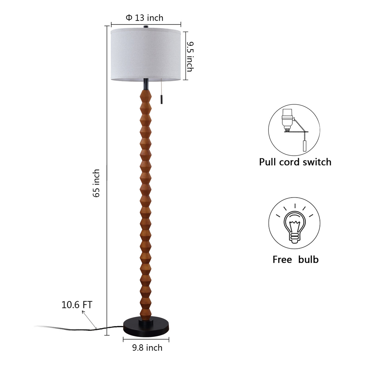 RORIA 65" Solid Wood Floor Lamp, With a Pull Chain Switch,Modern-Style Standing Lamp, for Living Room, Bedrooms, and Offices.