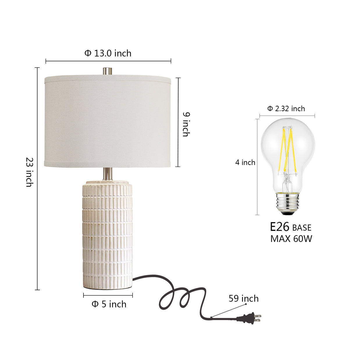 RORIA 23” White Ceramic Table Lamps Set of 2, Modern Style Bedside Lamps,for Bedrooms, Living Rooms, and Offices