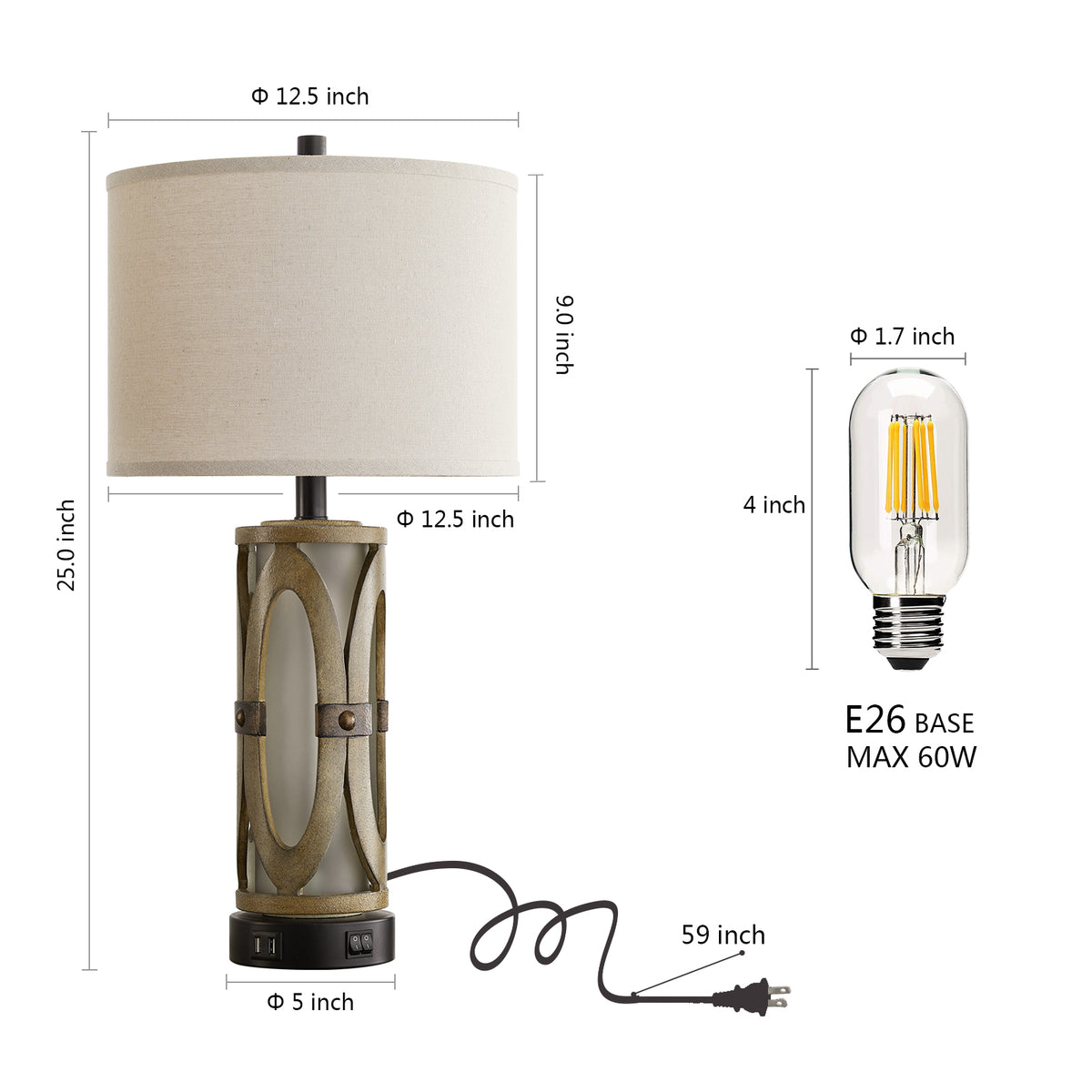 Rohopeto Table Lamps Set of 2 with USB A+C Ports Vintage Country Style 25"Bedside Nightstand Lamps Dual SwitchNightlight，Bedside Lamps for Living Room Bedroom（Bulbs Included）