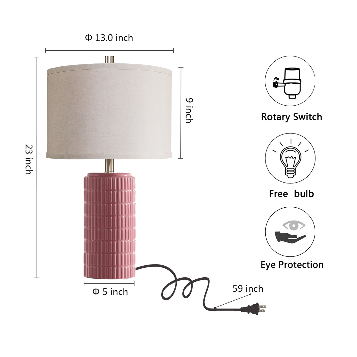 RORIA 23" Pink Ceramic Table Lamps Set of 2, with Linen Bell-Shaped Shade, Modern-Style Bedside Lamp, for Bedrooms and Living Room, Bulb Included