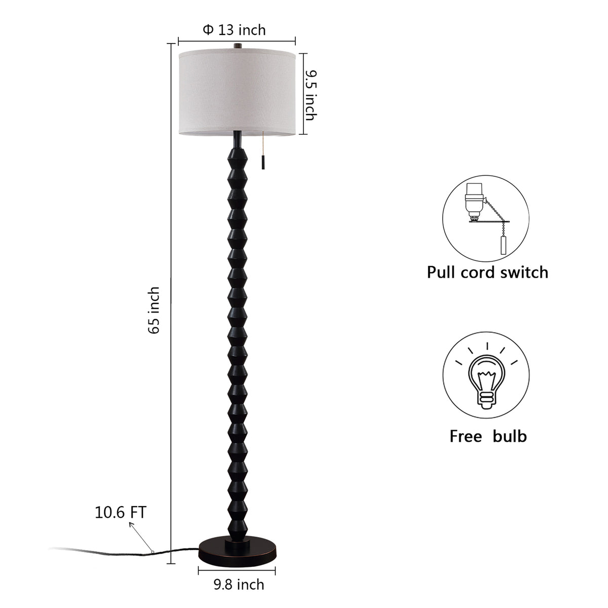 RORIA 65”Black Solid Wood Floor Lamp, with a Round Linen Shade and Pull Cord Switch,modern Standing Lamp,for Living Room, Bedrooms, and Offices（bulb included）