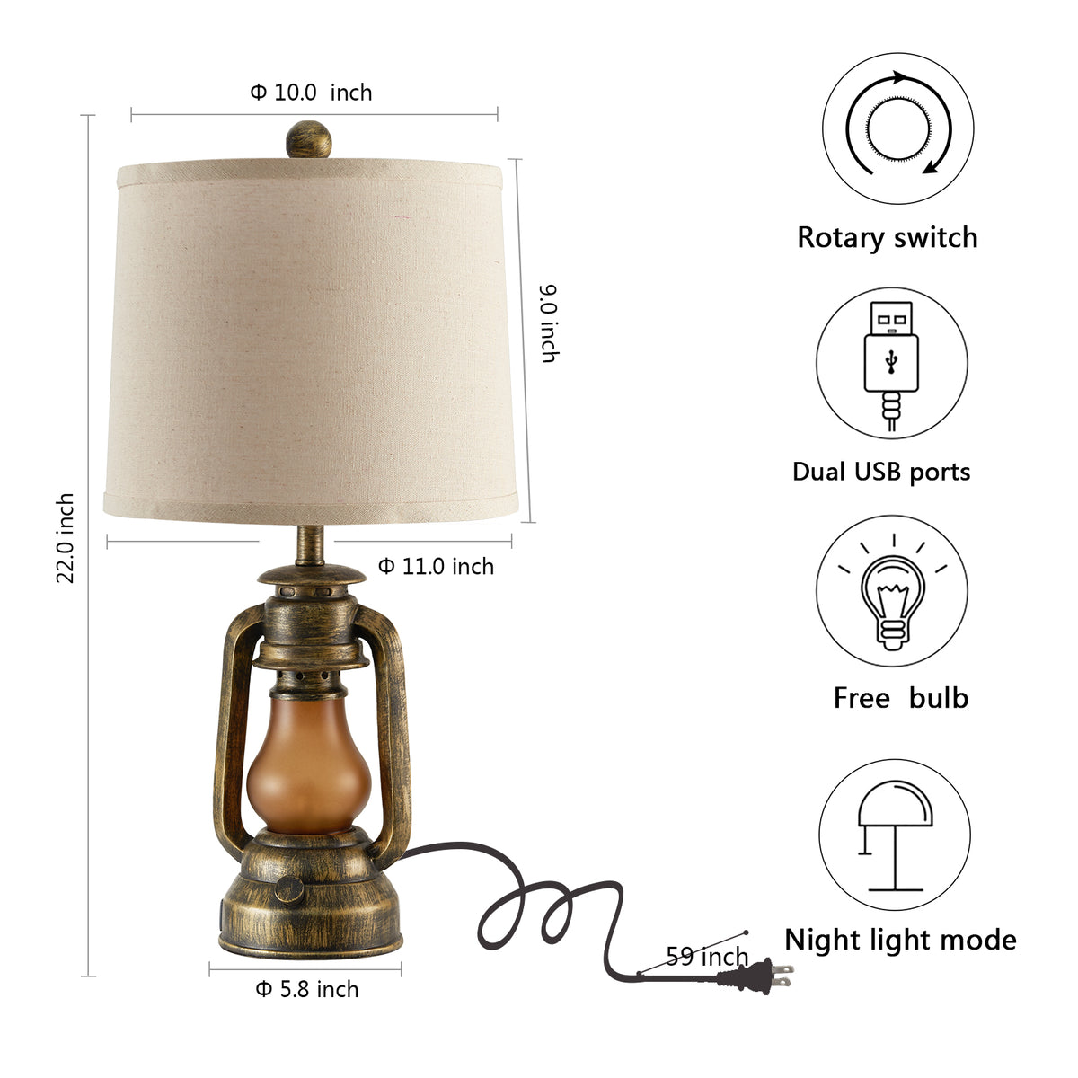 JUJUYUYOP 22" Farmhouse Rustic Lantern Table Lamps Set of 2, Featuring Dual USB Charging Ports, for Living Room, Bedrooms, and Study Areas, Includes 4 Bulbs
