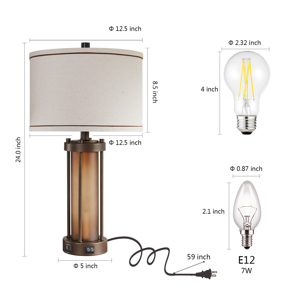 RORIA 24”Living Room Table Lamps Set of 2, Modern Farmhouse-Style Bedside Lamps, Featuring Dual USB-C&A Charging Ports and a Night Light Function, for Bedroom Nightstands