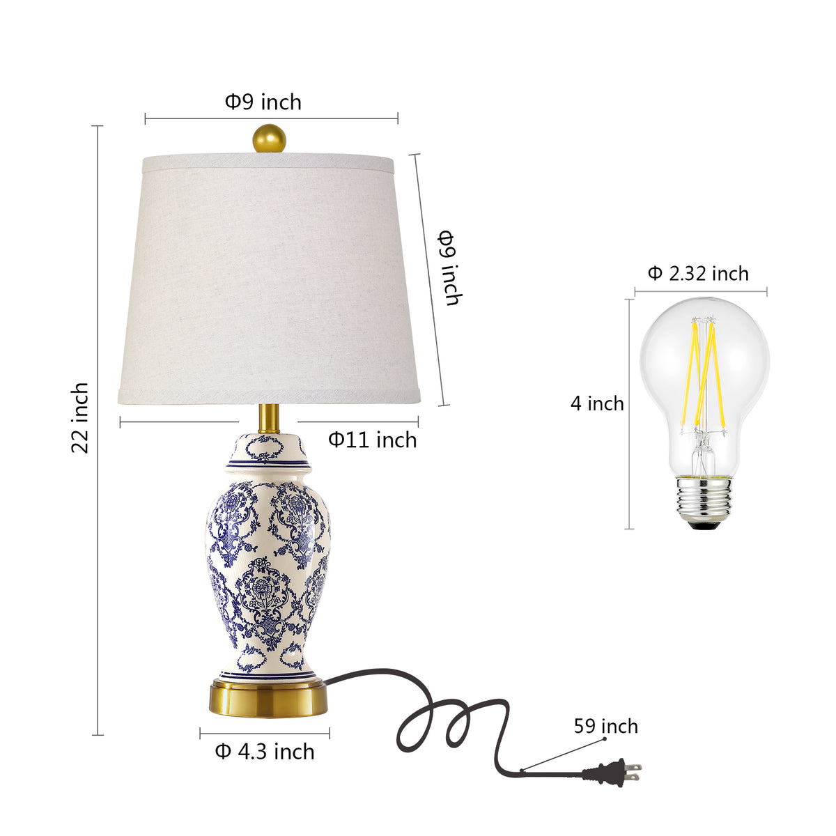 RORIA 22"Blue and White Ceramic Table Lamps Set of 2,Traditional Chinese-Style Bedside Lamps, for Living Room and Bedside Tables in Bedrooms