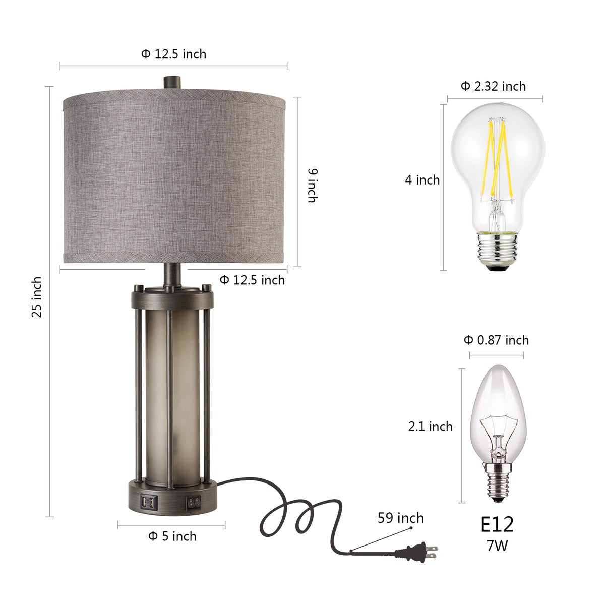 RORIA 25"Retro Table Lamps Set of 2, Farmhouse Style Bedside Lamps, Featuring USB-A&C Charging Ports and a Night Light Function, for Bedrooms, Living Room, and Offices (includes 2 bulbs).