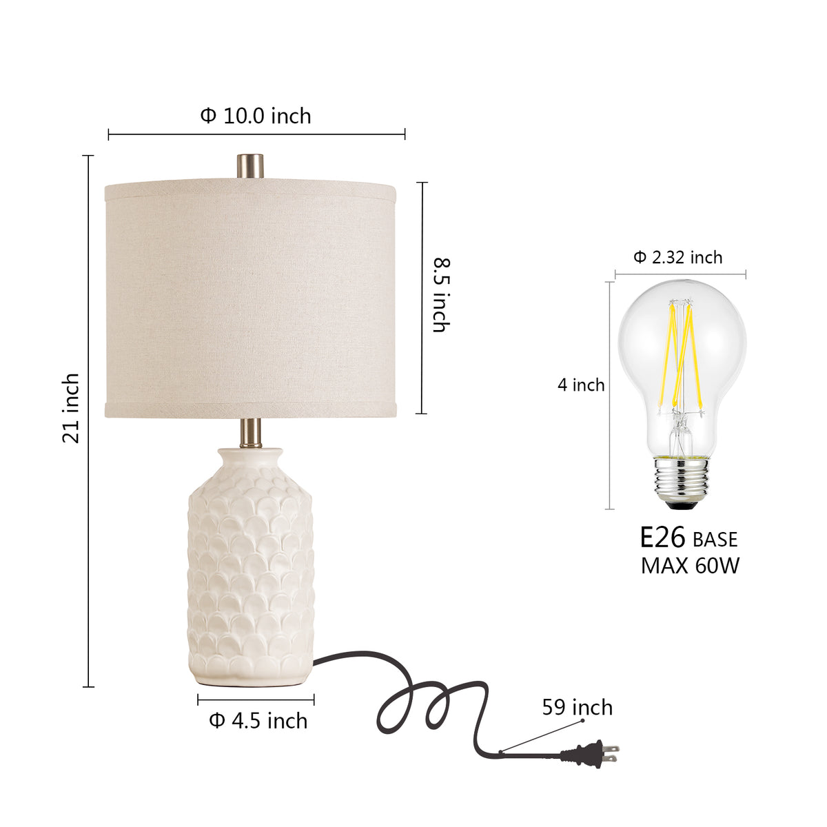 RORIA 21” Ceramic Table Lamps Set of 2,Modern White Bedside Lamps,for the Living Room or Bedroom Nightstands (Bulbs Included)
