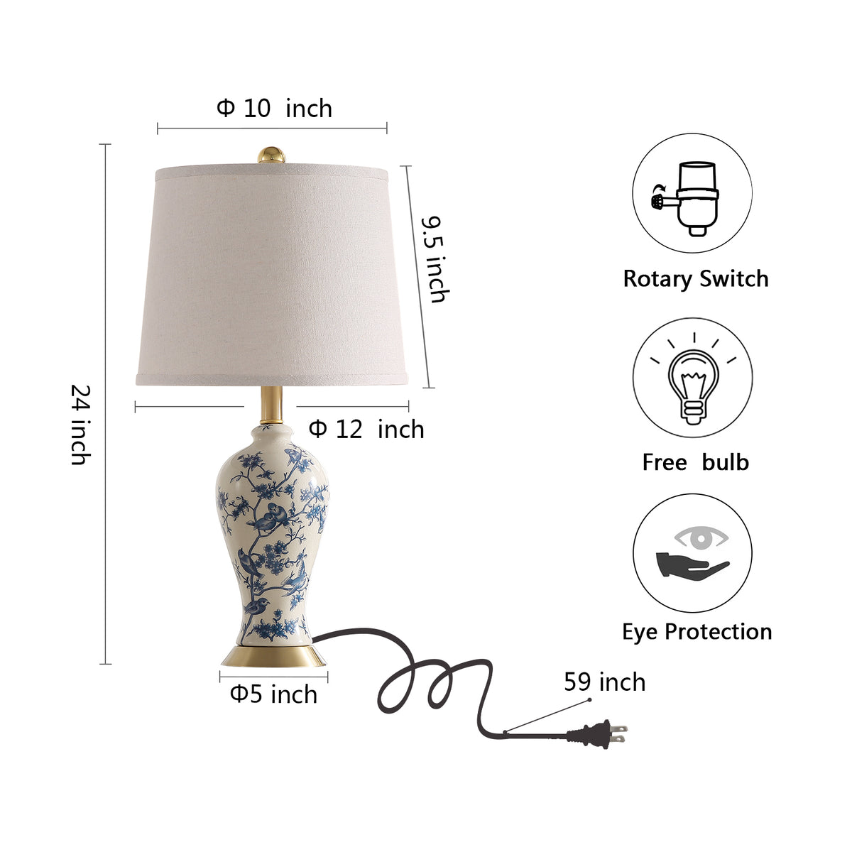 JUJUYUYOP 24"Traditional Chinese Blue-and-White Porcelain Table Lamps Set of 2, Suitable for Bedside Tables, Living Rooms, and Entryways (Bulb Included)