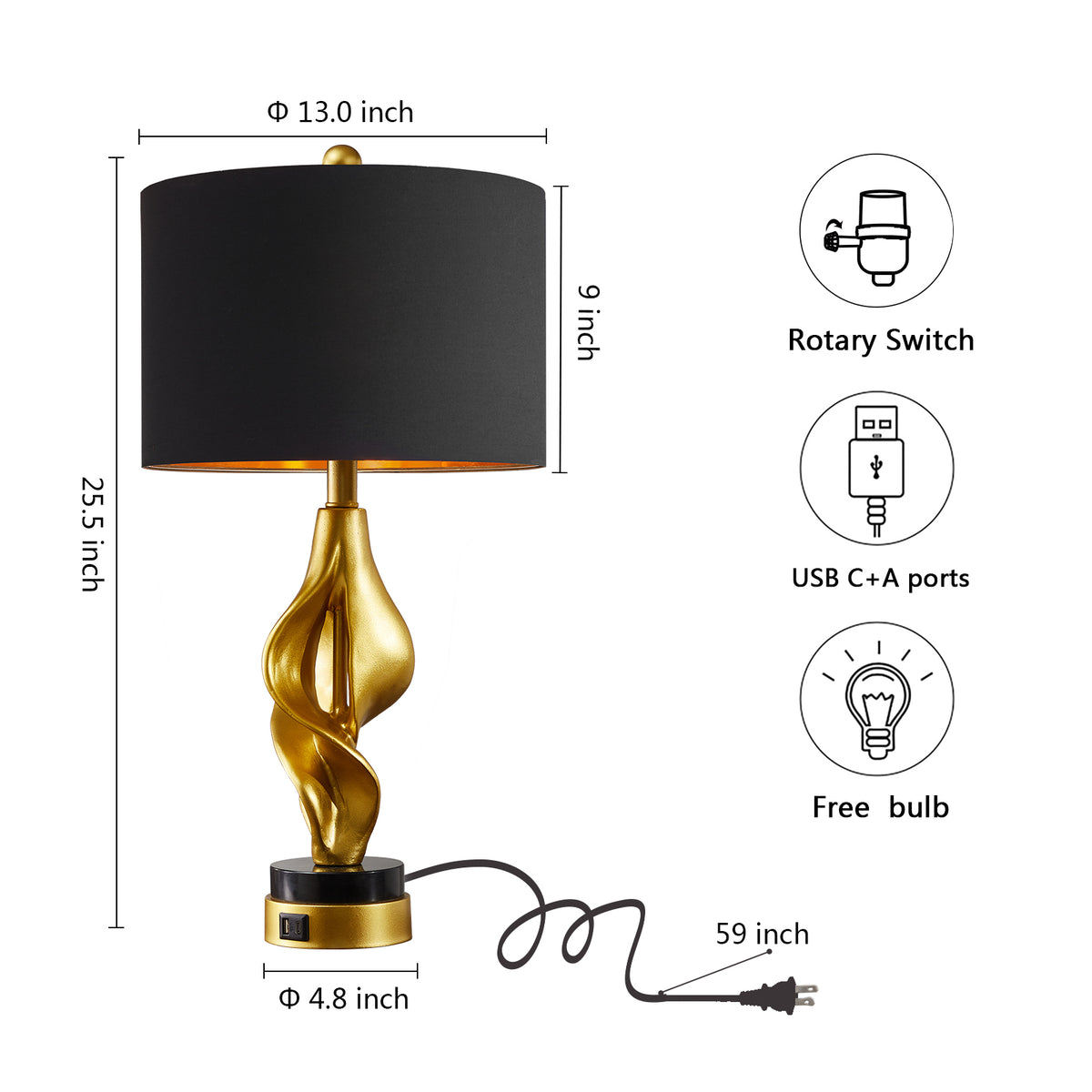 Rohopeto Living room Table Lamps Set of 2,25.5" ,Dual SUB Charging Ports,Rotary Switch,Rustic Farmhouse Style,Bedside Nightstand Lamps,Suitable for Home,Offices,  and Entryways,(Bulbs Included)