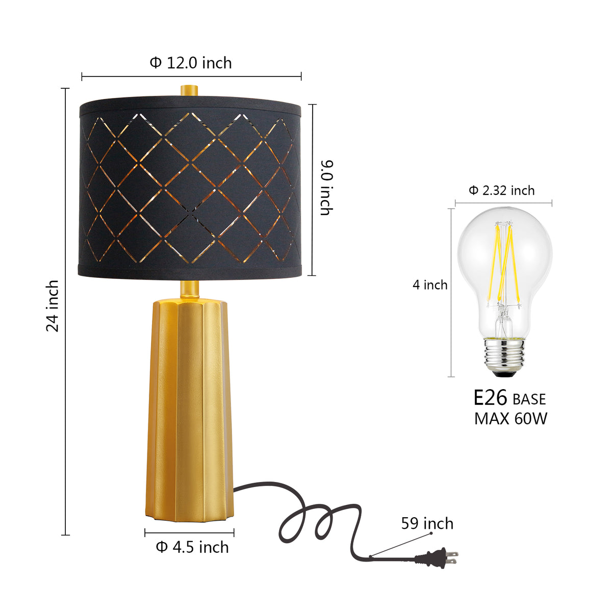 RORIA 24"Modern Table Lamps Set of 2, Gold Rustic Bedside Lamp with Black Mesh Shade for Living Room, Bedroom, Nightstand, Coffee Table (Includes 2 Bulbs)