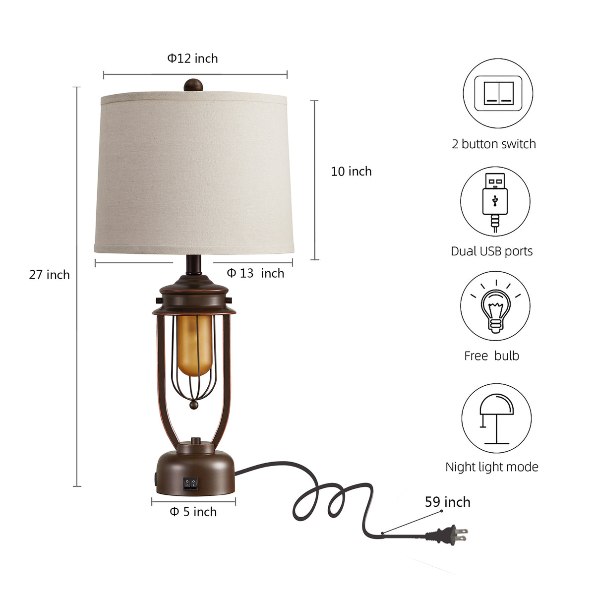 Rohopeto 27"Living room Table Lamps Set of 2 with USB A+C Ports Built-in Frosted Smoked Glass Nightlight Bedside Nightstand Lamps Dual Switches Modern Bedroom Table Lamps （Bulbs Included