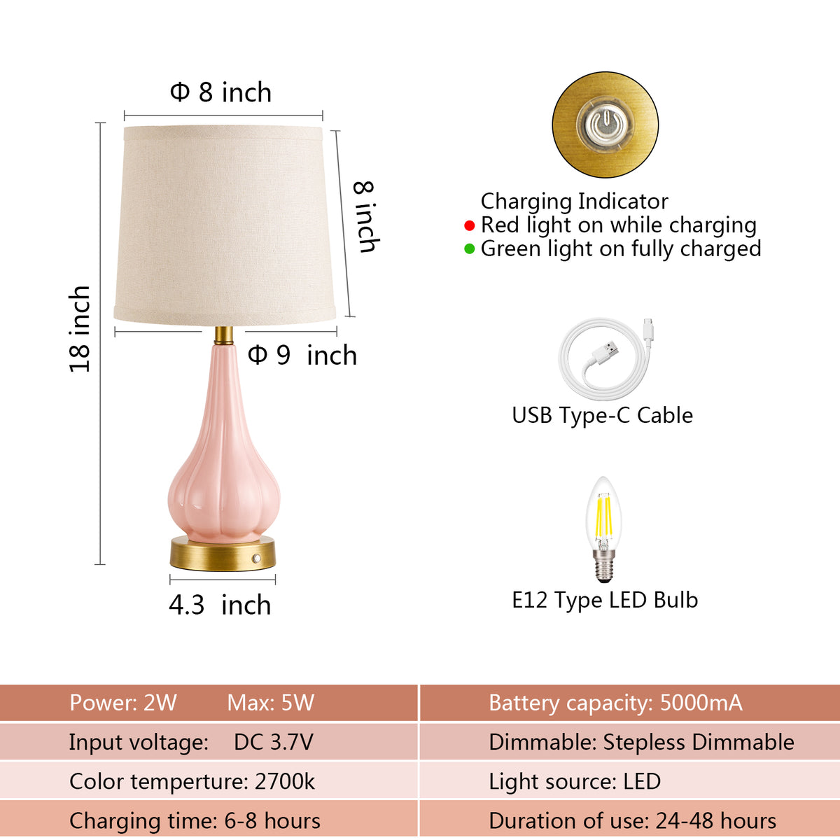 RORIA 18"Pink Ceramic Table Lamps Set of 2, Powered By a 5000mAh Rechargeable Battery, With Touch Controlled Dimming, Suitable for Living Rooms, Bedrooms, and Nightstands