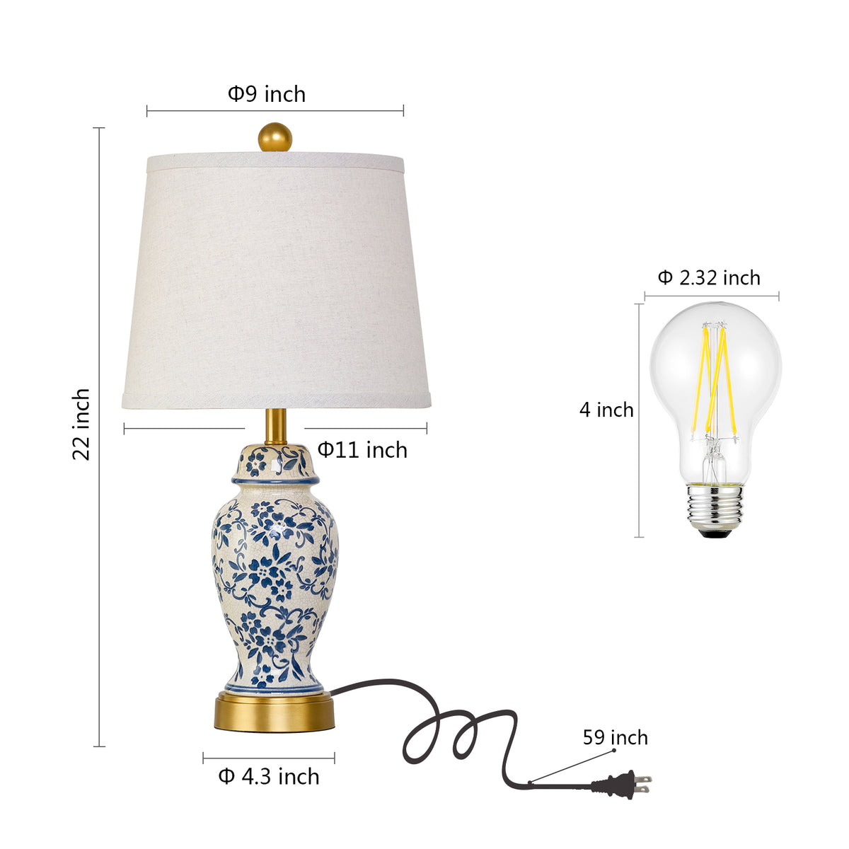 RORIA 22" Classic Blue and White Porcelain Table Lamps Set of 2, Rustic Farmhouse-Style Bedside Lamp, for Living Room or Bedroom Nightstand