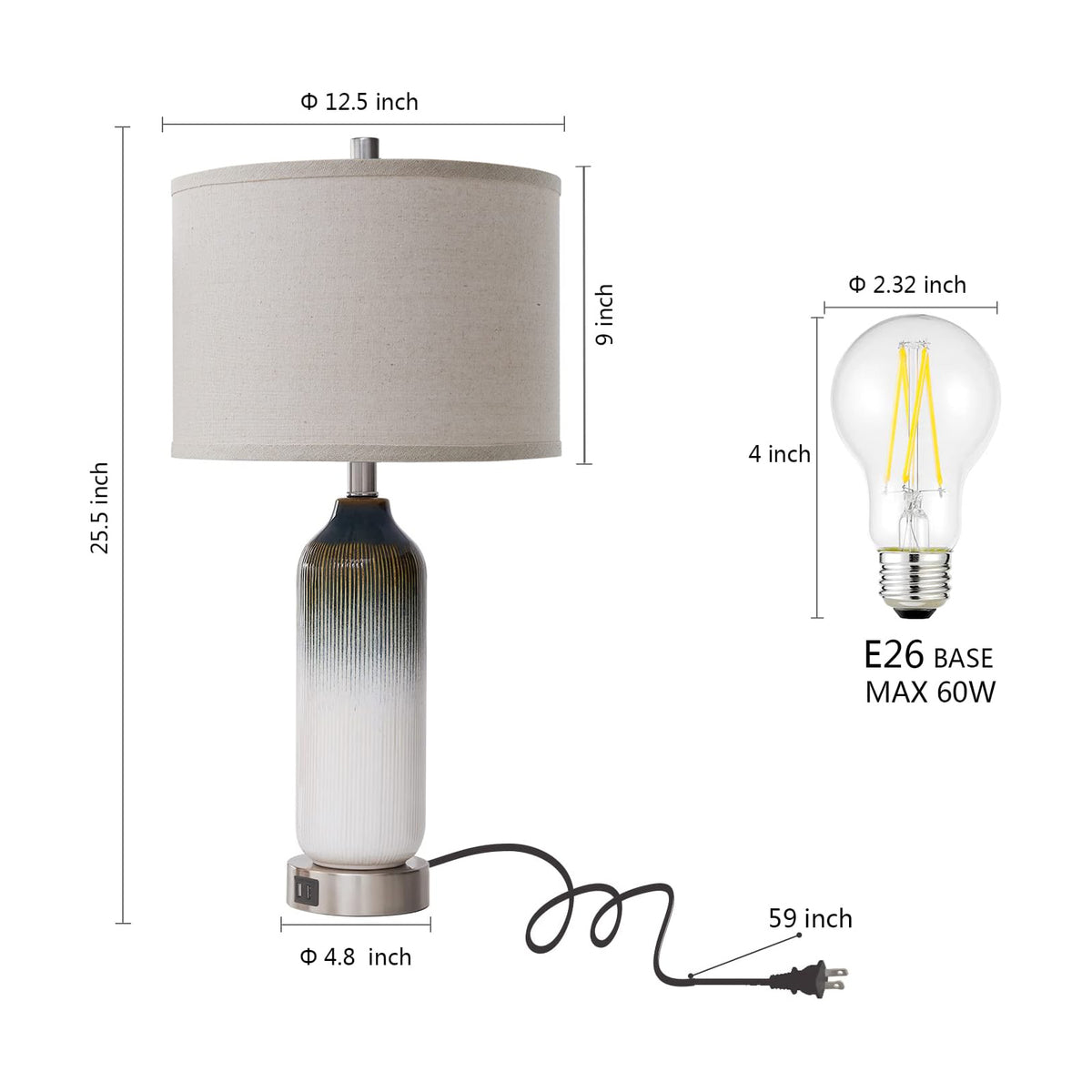 JUJUYUYOP 3 Way Dimmable Ceramic Table Lamps Set of 2 with Dual USB Ports, 25.5" Touch-Control Modern Bedside Lamp, for Bedrooms and Living Rooms (Bulb Included)