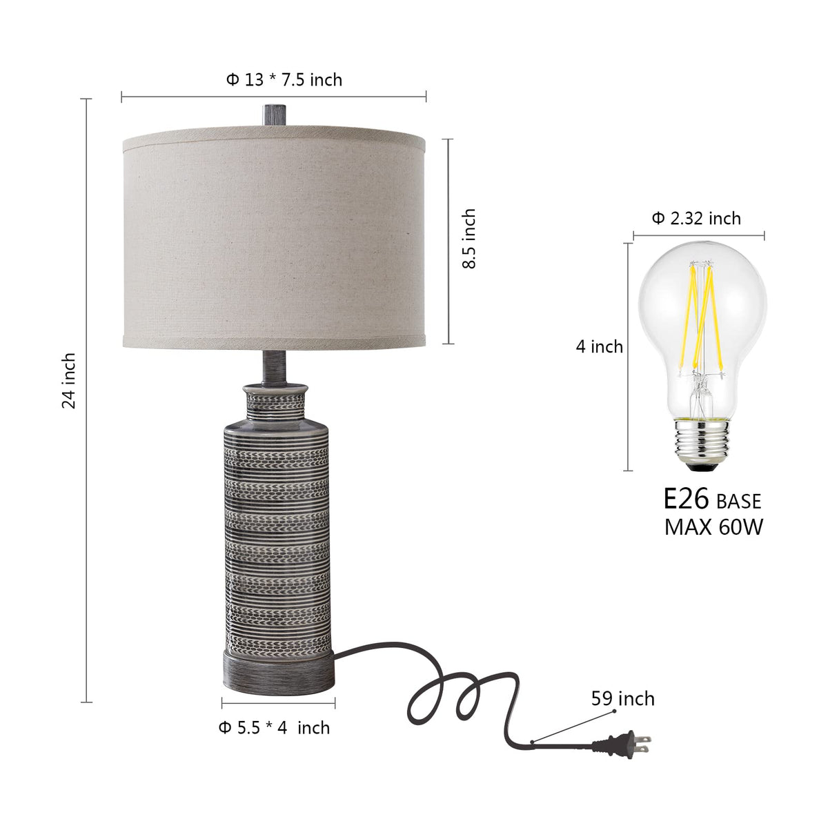 JUJUYUYOP 3 Way Dimmable Touch Ceramic Table Lamp Set of 2, with USB Port, 24"Farmhouse-Style Bedside Lamp, Suitable for Bedrooms and Living Rooms (Bulbs Included)