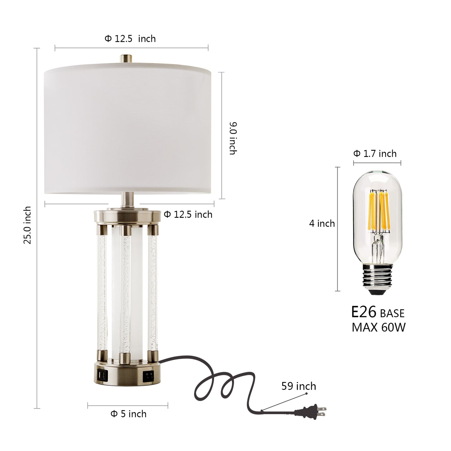 Bubble Pillar Table Lamp Set (Set of 2) w. USB Ports and NIght Lights