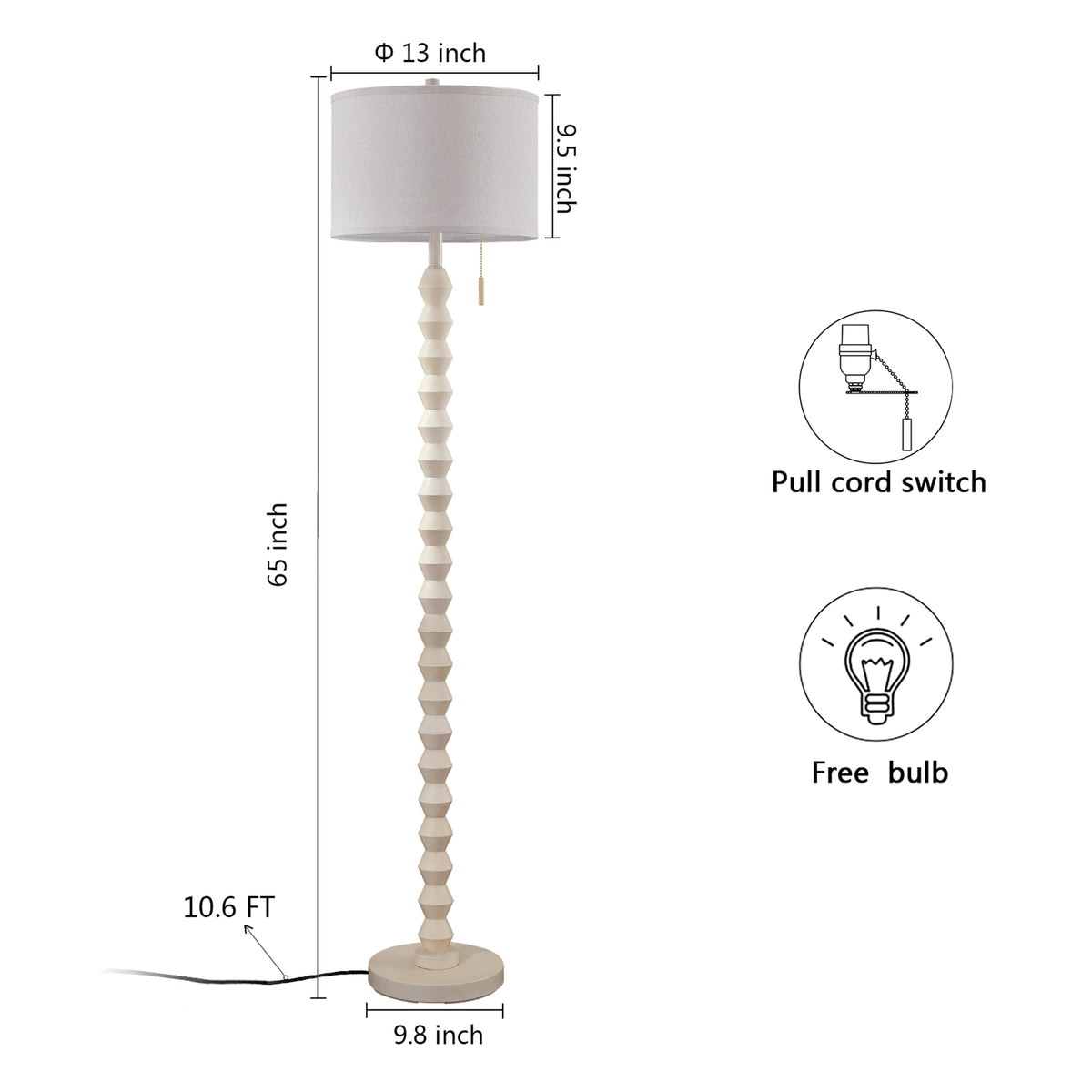 RORIA White Solid Wood Floor Lamp, 65” Modern-Style Standing Lamp, Featuring a Round Linen Shade and a Zip-Pull Switch, for Living Room, Bedrooms, and Offices.
